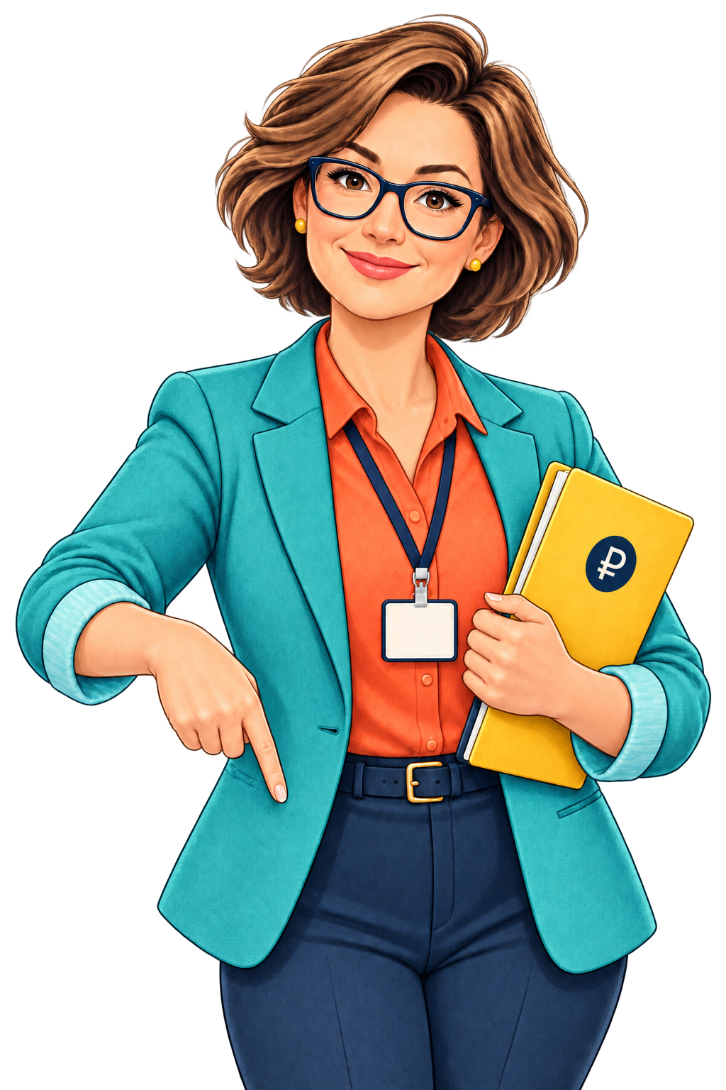 Дружелюбный консультант по НДФЛ в квадратных очках указывает вниз